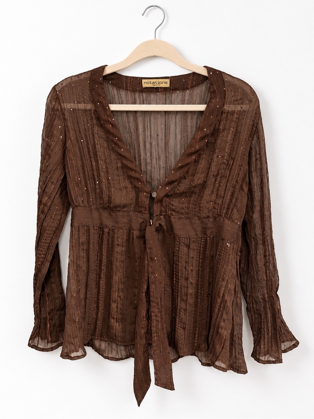 Notations Petite Brown Sheer Metallic Stripe Tie Front Blouse Y2K